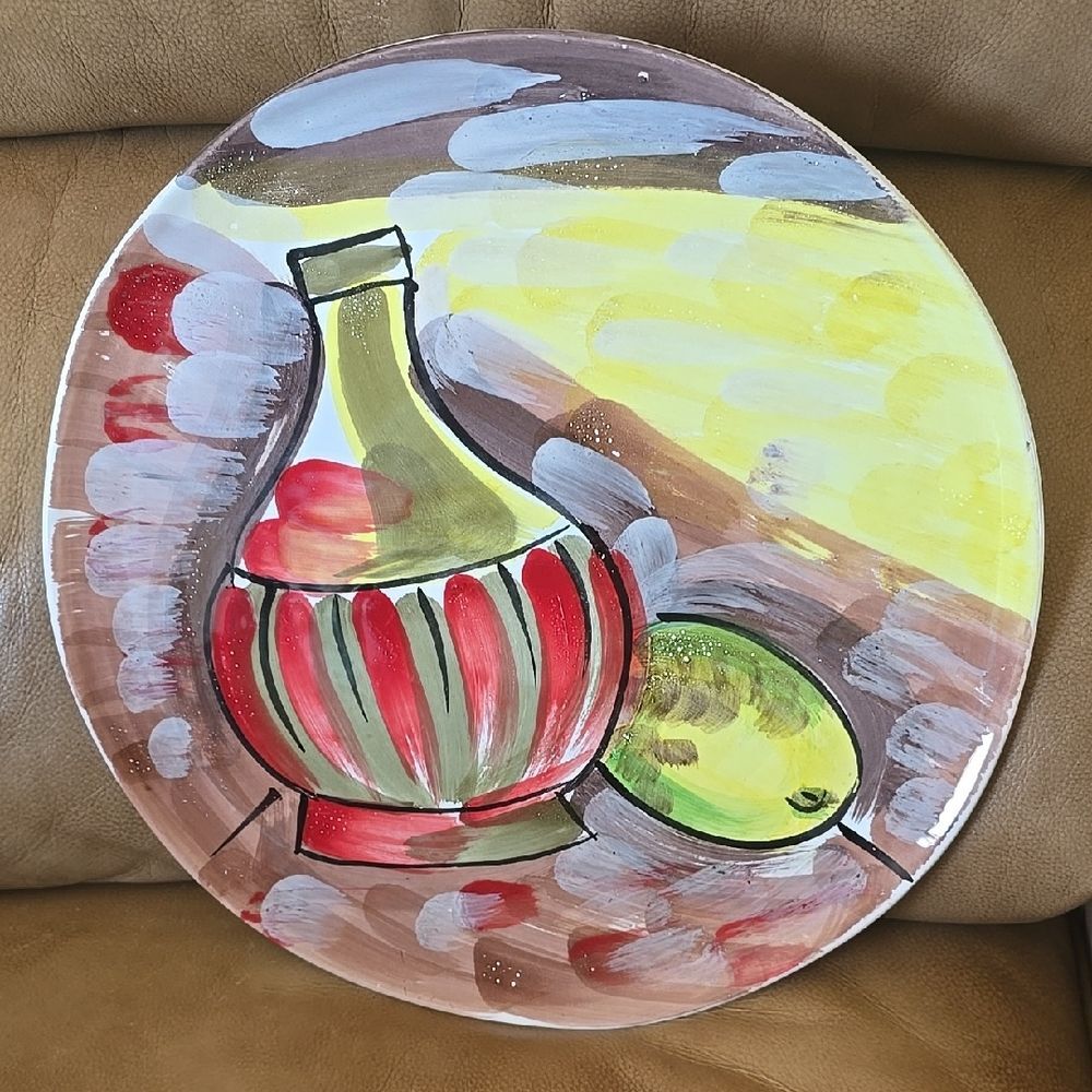 Italy 14" Art Plate – Decanter & Olive Design – Signed Artist Cristina Fortini
